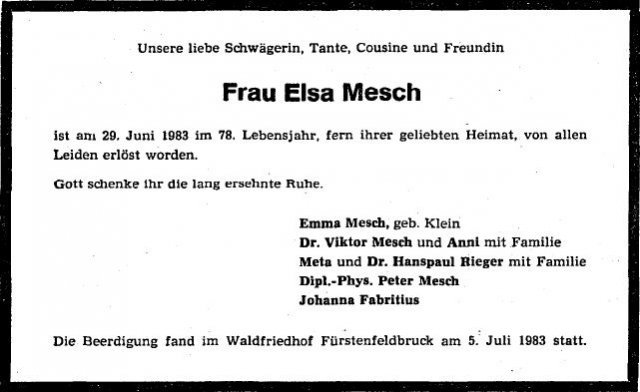 Mesch Elsa 1905-1983 Todesanzeige